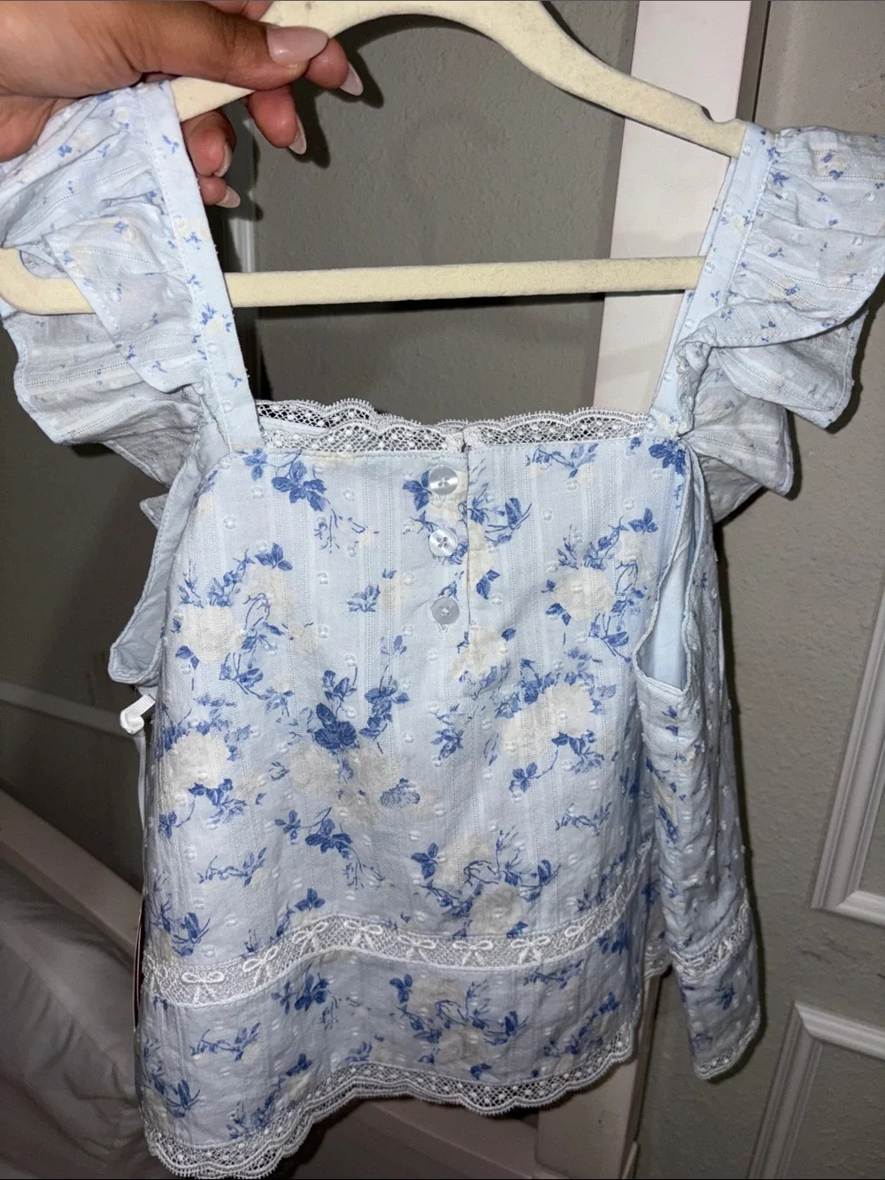 LoveShackFancy Light Blue Floral Ruffle Blouse for Girls